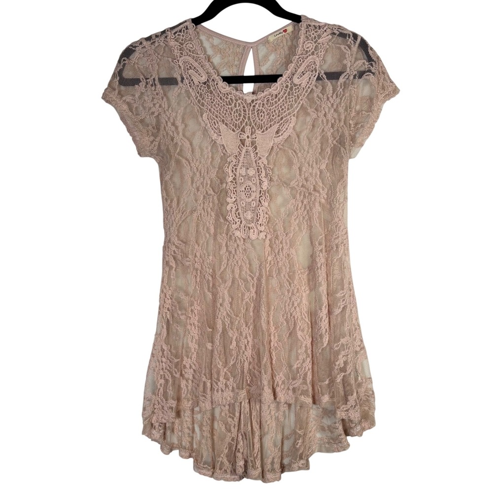 Lovely Hearts Pink Lace Boho Tunic Dress Size Med Cottagecore Fairycore Romantic